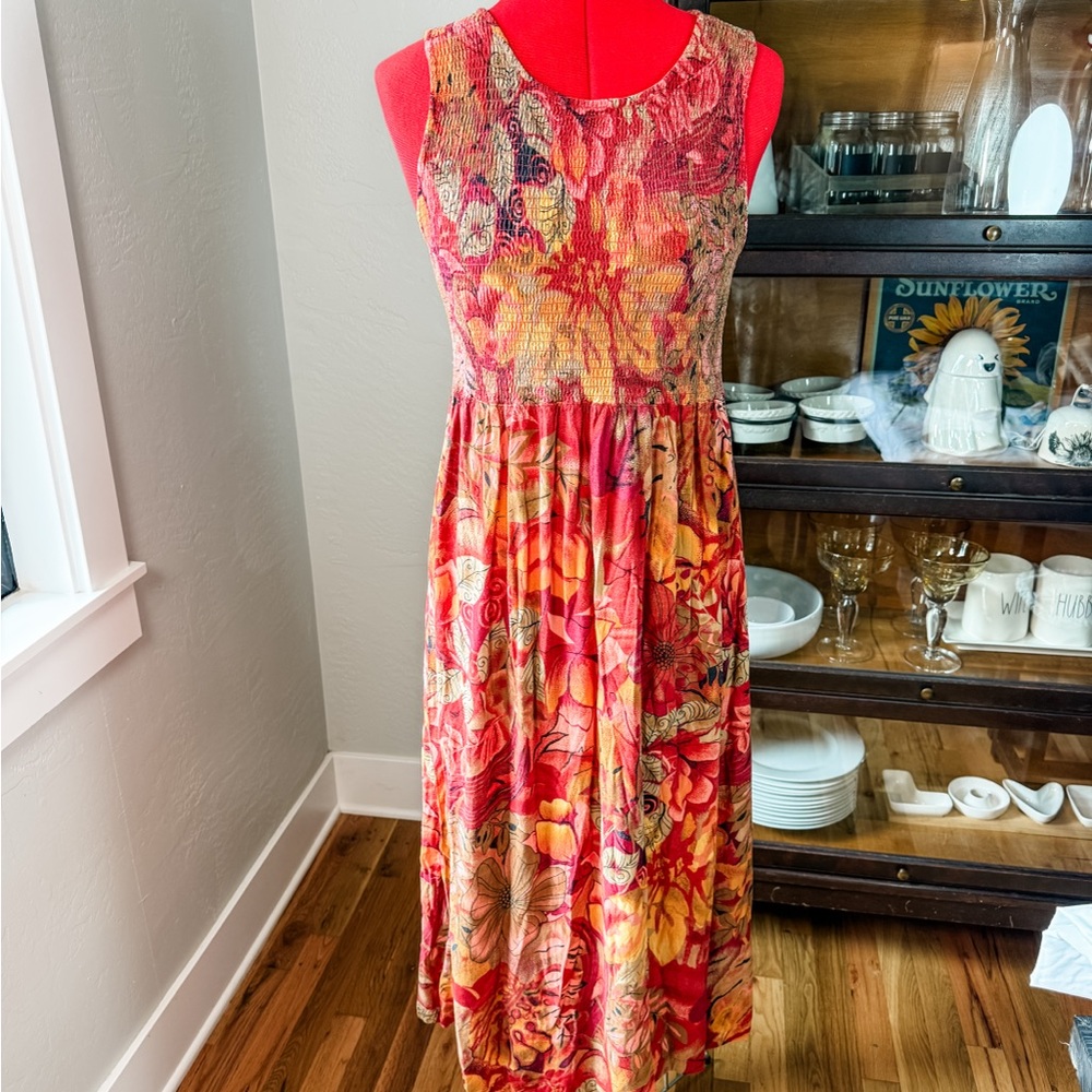 Y2K Jane Ashley  Lifestyle Smocked Bodice Tropical Floral Maxi Dress Size L